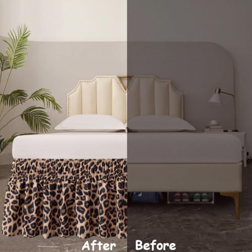 20 Inch Leopard Cheetah Print Bed Skirt with Ruffle & Elastic Fit - Variation 75x54