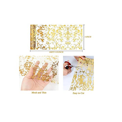 Gold 100ft Glitter Metallic Mesh Table Runner Roll for Wedding Party Decor - Sunlunckystar