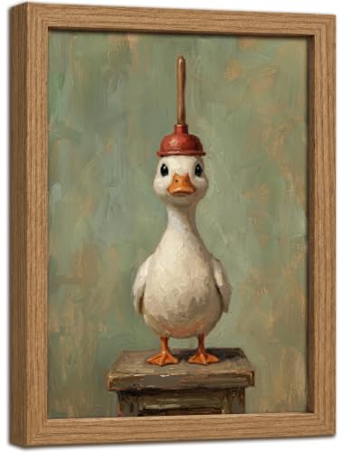 Framed Funny Bathroom Duck Wall Art - 8x10 Inch Canvas Decor - Duck with Toilet Plunger