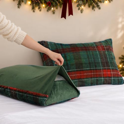 King Comforter Set Green Plaid Flannel 3 Pieces - Christmas Bedding