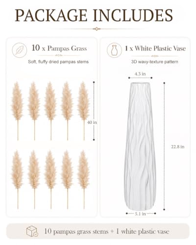 10Pcs 40-Inch Faux Pampas Grass with 22.8-Inch White Floor Vase - Boho Home Decor