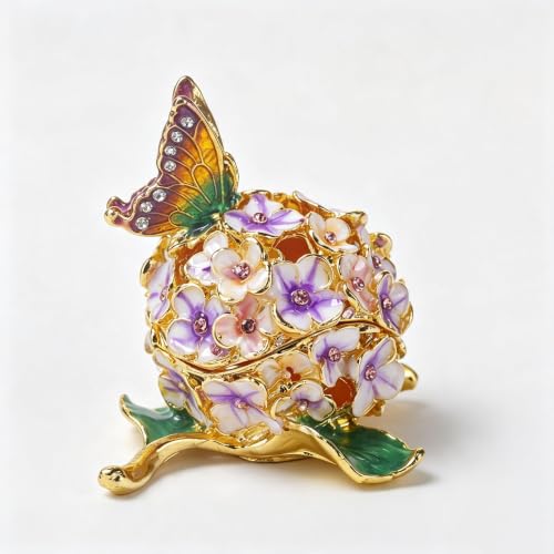 Vintage Enamel Flower Trinket Box with Butterfly Keepsake Jewelry Storage - Pink & Purple
