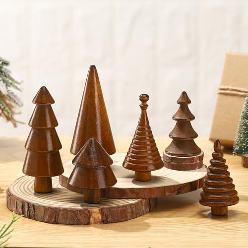 Mini Wooden Christmas Trees Set - Farmhouse Decor, Brown, 6 Pcs