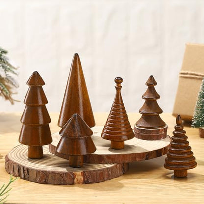 Mini Wooden Christmas Trees Set - Farmhouse Decor, Brown, 6 Pcs