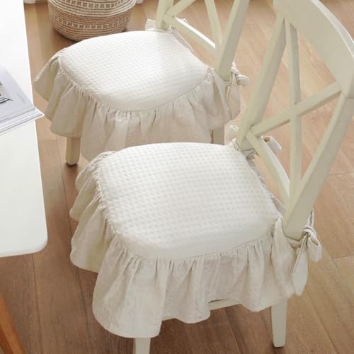 Beige Ruffle Chair Cushion Cover French Chair Pad Slipcover with Ties - Farmhouse Home Decor