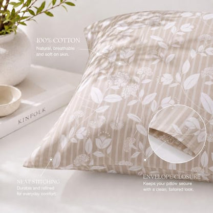 Beige Floral Pillowcases Queen Size Set of 2 - Breathable Cotton, Envelope Closure