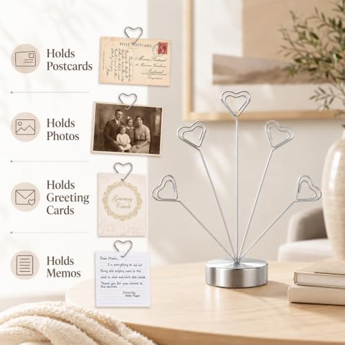 Heart-Shaped Photo Card Display Stand with 5 Clips - Metal Tabletop Decor