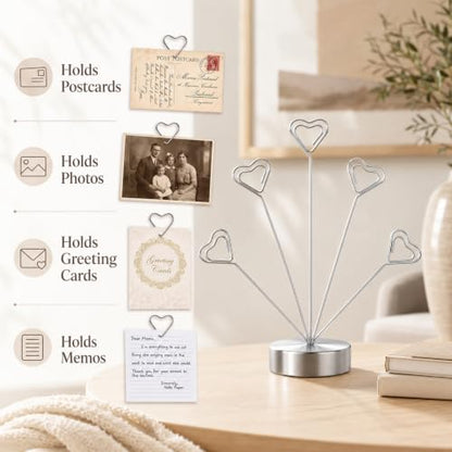 Heart-Shaped Photo Card Display Stand with 5 Clips - Metal Tabletop Decor