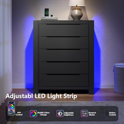 Black Tall Dresser with 3-Tier Open Shelves, Built-In Charging & LED Light — 5 Drawers