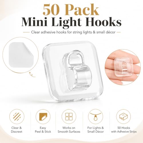 Mini Light Clips with Adhesive Strips - 50 Clear Cable & String Light Hooks