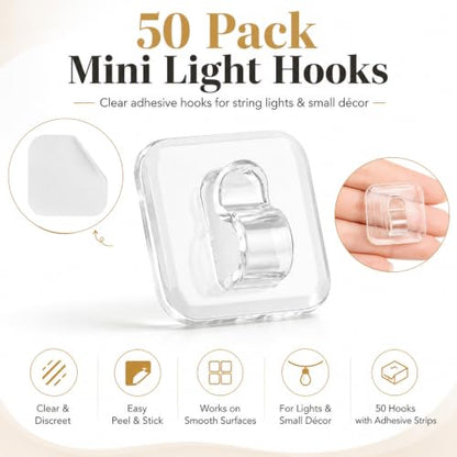 Mini Light Clips with Adhesive Strips - 50 Clear Cable & String Light Hooks
