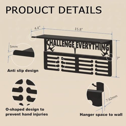 Black Medal Hanger Display & Trophy Shelf, 16 Inch, 4 Rows, Holds 60+ Medals