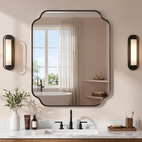 Black Scalloped Bathroom Mirror 36in x 30in Wall-Mounted Vanity Mirror