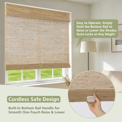 Natural Khaki Cordless Woven Wood Blinds - Blackout Bamboo Roman Shades