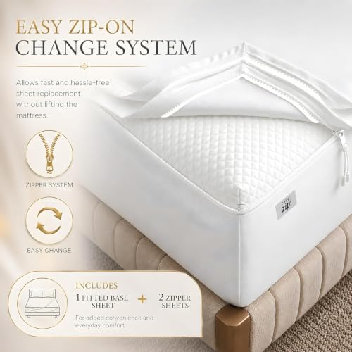 Cloud White King Zip Fitted Sheets 76x80 Inch Deep Pocket Luxury Cotton Blend Satin