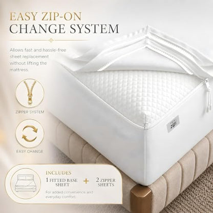 Cloud White King Zip Fitted Sheets 76x80 Inch Deep Pocket Luxury Cotton Blend Satin