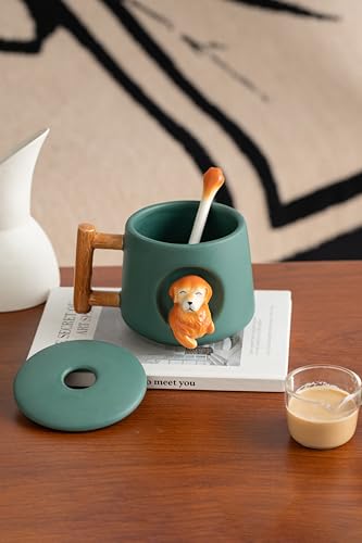 Ceramic Coffee Mug with Lid & Matching Spoon - Green Golden Retriever Pattern, 14oz