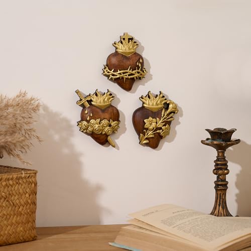 Gold Wooden Sacred Hearts Wall Decor Set - 8 Inch Holy Family Religious Art