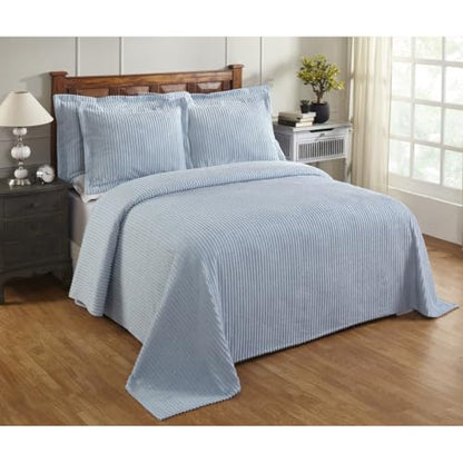 Queen Size Cotton Tufted Chenille Bedspread - Oversized Light Blue Luxury Bedding