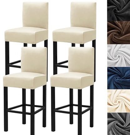 Beige Velvet Bar Stool Cover 4-Pack - Stretch Chair Slipcovers for 13-17 Inch Back Height