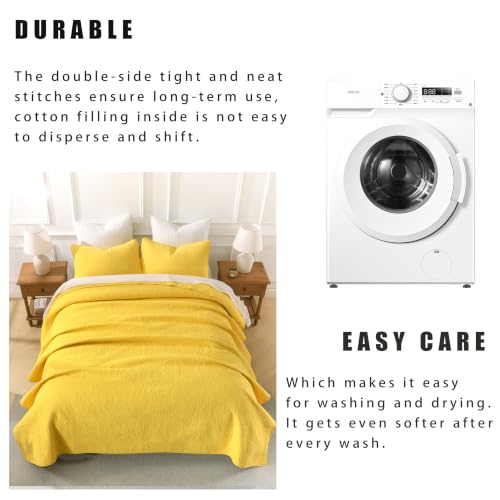 Cotton Quilt Set California King Bright Yellow Coin Pattern Lightweight Pre-Washed Bedding