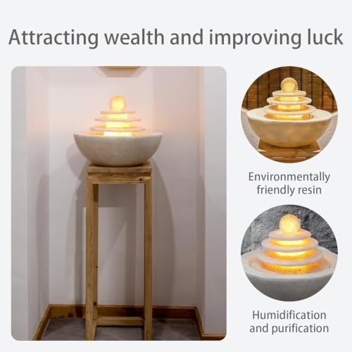 Indoor Water Fountain with LED Lights, Desktop Waterfall, Polyresin Relaxation Decor