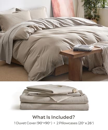 JELLYMONI 100% Washed Cotton Duvet Cover Queen - Khaki Beige Linen-Like
