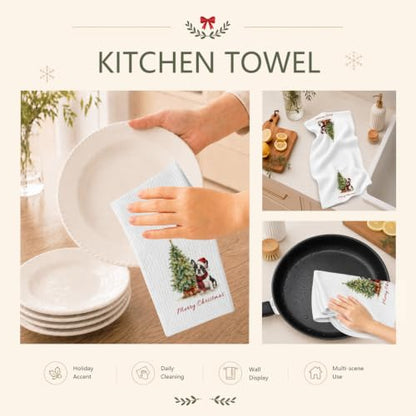 Christmas Tree French Bulldog Kitchen Dish Towels 16x24 Inch - Festive Decor