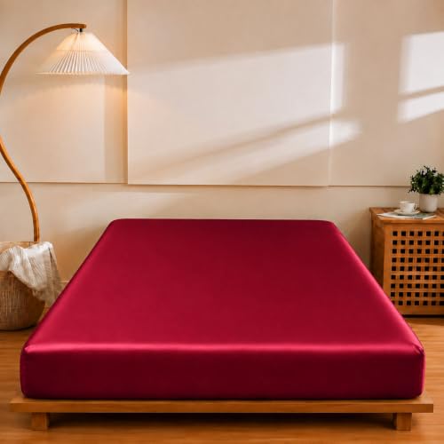 Queen Burgundy Satin Silk Fitted Sheet - 15 Inch Deep Pocket, All-around Elastic