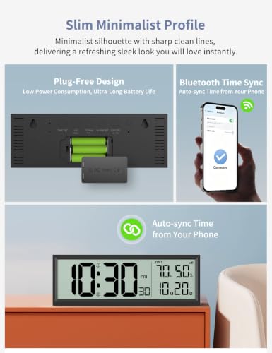 Digital Alarm Clock Battery Operated 8.5-Inch Wireless Wall Clock - Black