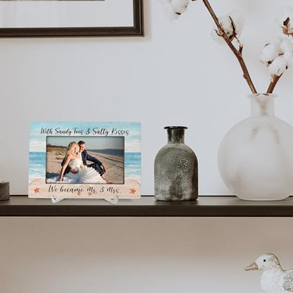 Blue 4x6 Wedding Photo Frame for Couples - Rustic Wooden Picture Frame for Wall & Tabletop Display