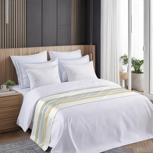 King Size Bed Runner with Botanical Leaves - Green Blue Yellow Decorative Scarf, 94 x 20 Inches, White/Sage/Ochre/Blue Variation
