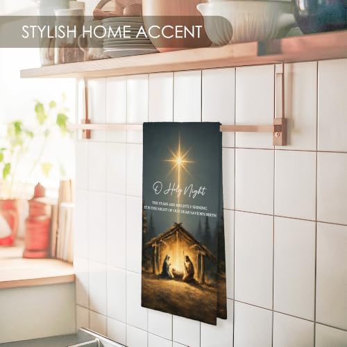 Christmas Nativity Scene Kitchen Towel - O Holy Night Decor, 16x24 Inches - Variation Nativity-02