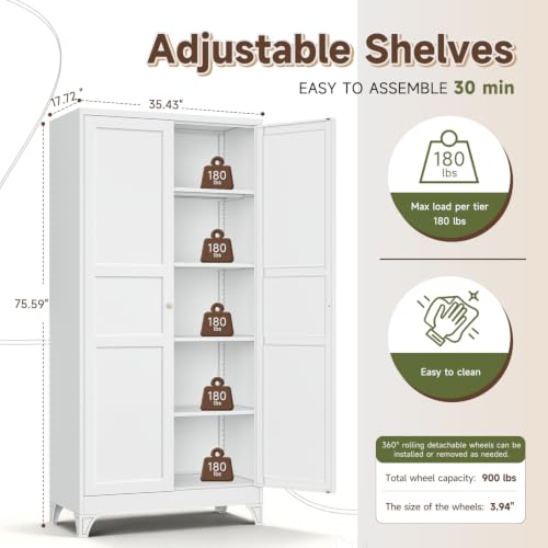 White Metal Pantry Kitchen Storage Cabinets with Doors and Shelves - 18 x 36 x 76 Inches