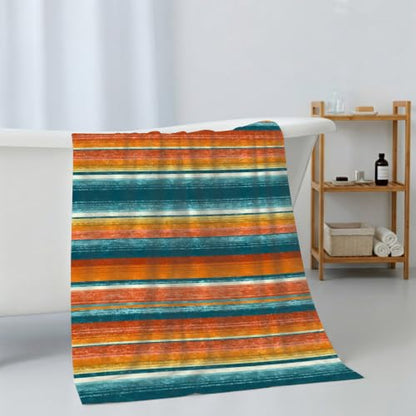 Teal Orange Striped Bath Towel Set of 3 - Microfiber Absorbent Bathroom & Beach Towels