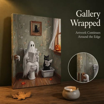 Halloween Ghost Cat Bathroom Wall Art Canvas Print - Framed Decorative Picture 16x12 in