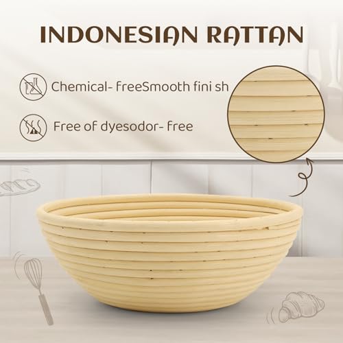 Banneton Bread Proofing Baskets set of 2, 9inch Round & 10inch Oval Sourdough Proofing Basket, Natural Handmade Rattan Basket with Bread Making Tools kit,Covers,Scoring Lame,Scraper,Brush,Dough Whisk.