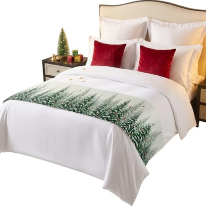 Christmas Tree Bed Runner King Size 94x20 in Green White Red Holiday Decor Bed Scarf