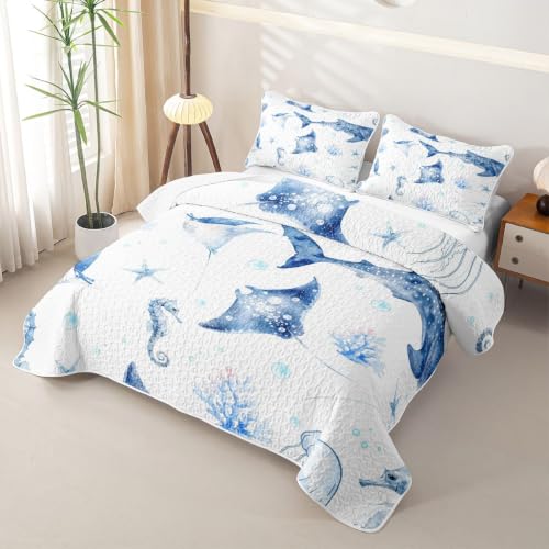 Feelyou Whale Ocean Quilt Set Full Size Light Blue & White Marine Bedding Kids Boys Girls