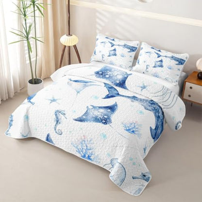 Feelyou Whale Ocean Quilt Set Full Size Light Blue & White Marine Bedding Kids Boys Girls