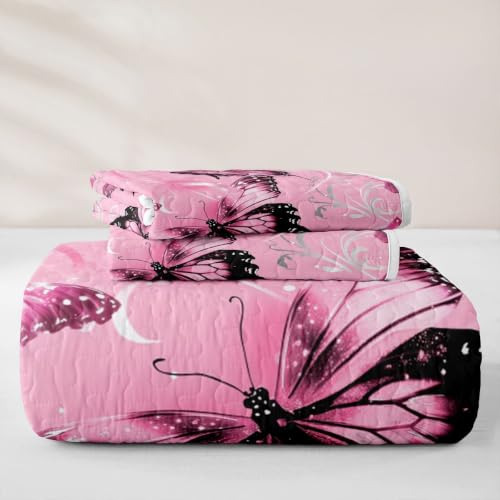 Pink Butterfly Quilt Set Queen Size 3D Bedspread with Pillowcases Kids Girls
