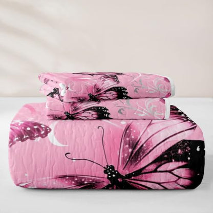 Pink Butterfly Quilt Set Queen Size 3D Bedspread with Pillowcases Kids Girls