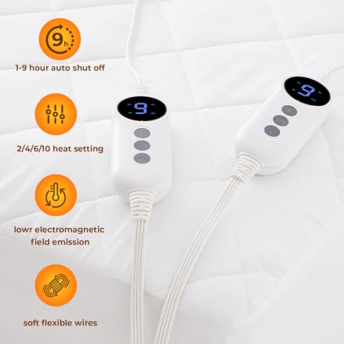 Queen Heated Mattress Pad with Dual Controllers, 11 Heat Settings, Auto Shut Off