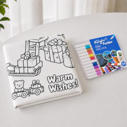 Merry Christmas Coloring Blanket for Adults & Kids - 50 x 60 Inch with 24 Markers