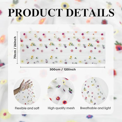 6PCS Embroidery Daisy Gauze Table Runner 28 x 120 Inches Ivory - Set of 6
