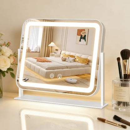 White LED Lighted Makeup Mirror 13.8x11.4 Inches Touch Screen Dimmable Vanity with 3 Color Lighting & 360° Rotation