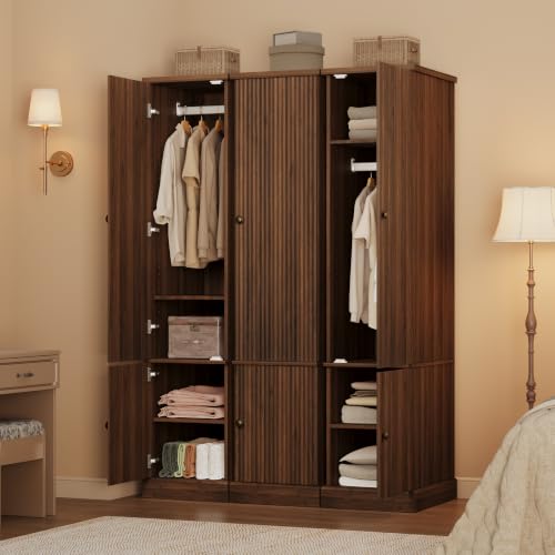 Idealhouse 72" Fluted Wood Armoire Wardrobe Closet, Narrow - Retro Brown