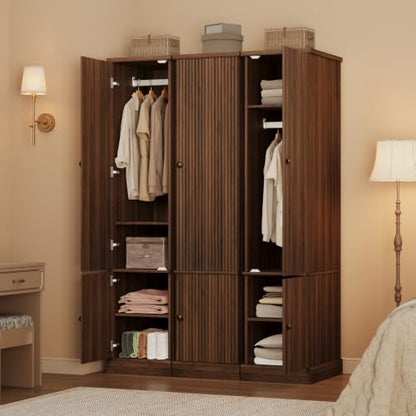 Idealhouse 72" Fluted Wood Armoire Wardrobe Closet, Narrow - Retro Brown