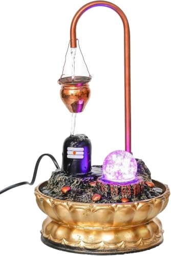 Indoor Water Fountain with LED Light Ball, Copper Pot & Gold Base – Tabletop Decor