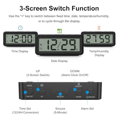 Mini Travel Alarm Clock Battery Operated with Magnetic Attraction - Black, 3.7 Inch